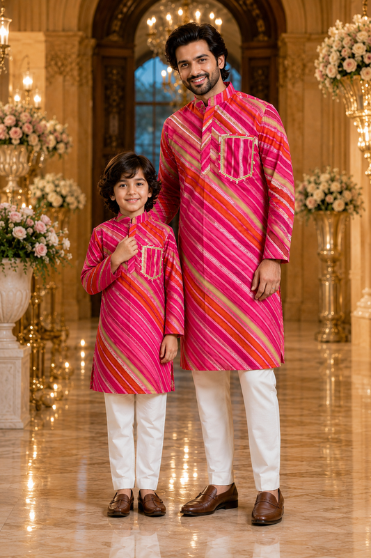 Royal Pink Leheriya Kurta Set for Men and Father Son Matching Outfit by Pear Bear
