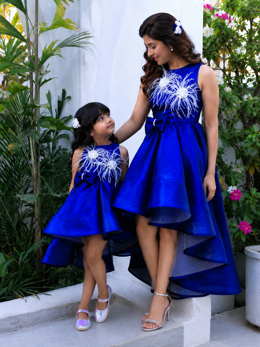 Royal blue Silk Organza party dress for women and girls with feather embellishments and high-low silhouette