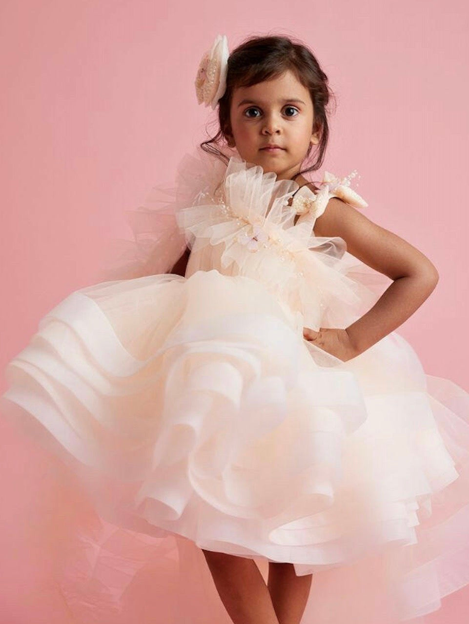 Peach Butterfly Net One-Shoulder Occasion Dress for Girls with Butterfly & Pearl Detail