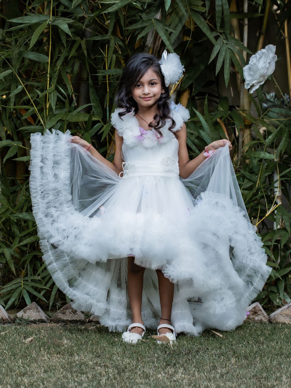 Butterfly Net Off White Trail Dress With Matching Bow Hair Clip