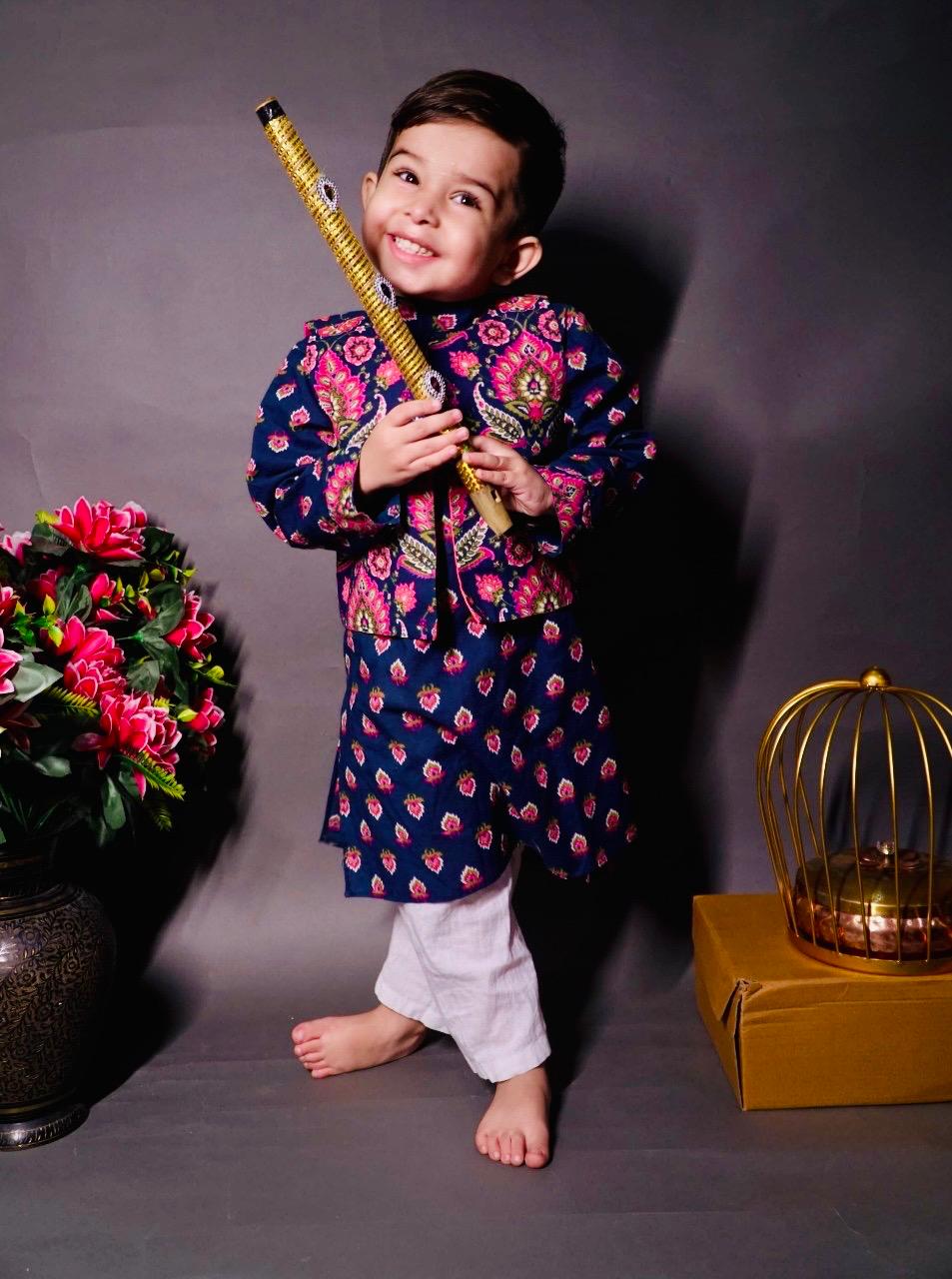 Pear Bear Blue Turkish Printed Kurta with Front Open Jacket and Pajama