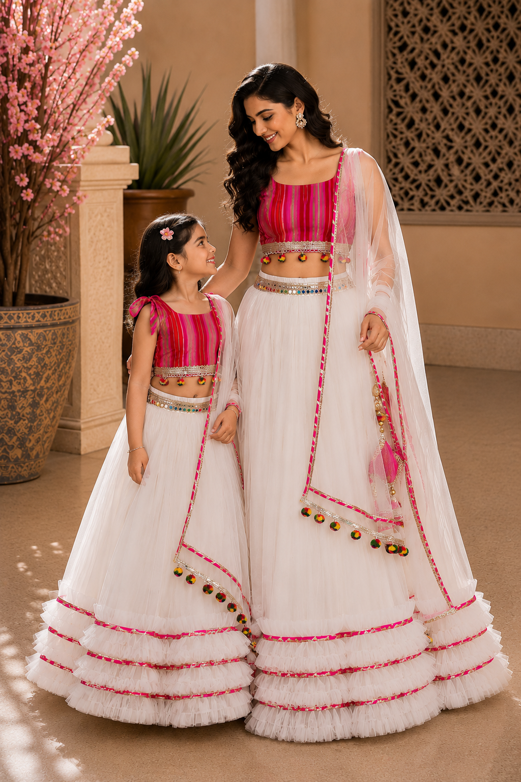 White Lehenga Set for Women and Mother Daughter Matching Outfit with Multicolor Striped Blouse and Soft Net Dupatta
