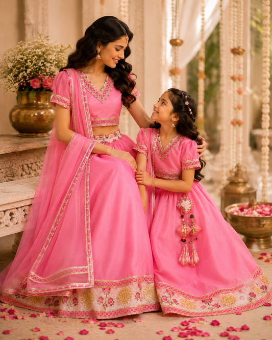 Woman wearing blush pink Chanderi lehenga with printed cotton floral border and Chanderi dupatta in festive ethnic style
