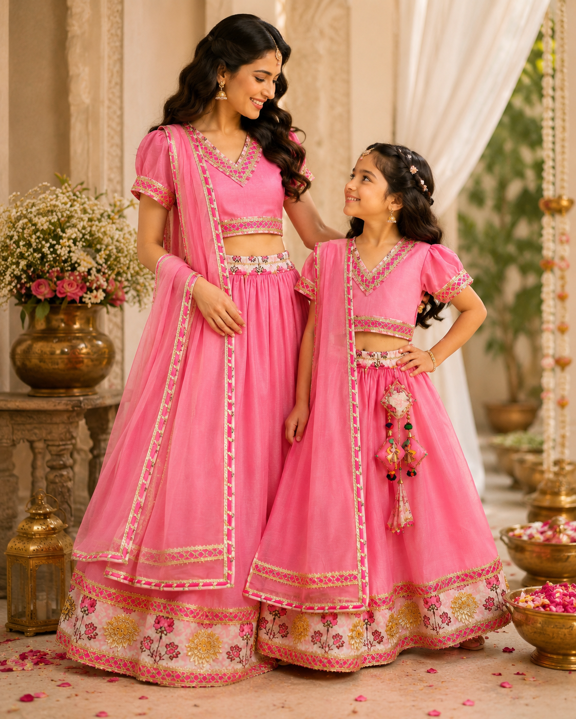 Woman wearing blush pink Chanderi lehenga with printed cotton floral border and Chanderi dupatta in festive ethnic style
