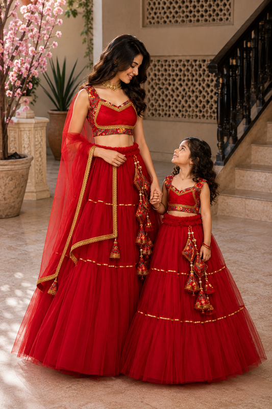 Woman wearing crimson red layered lehenga with embroidered blouse and net dupatta in festive ethnic style 1