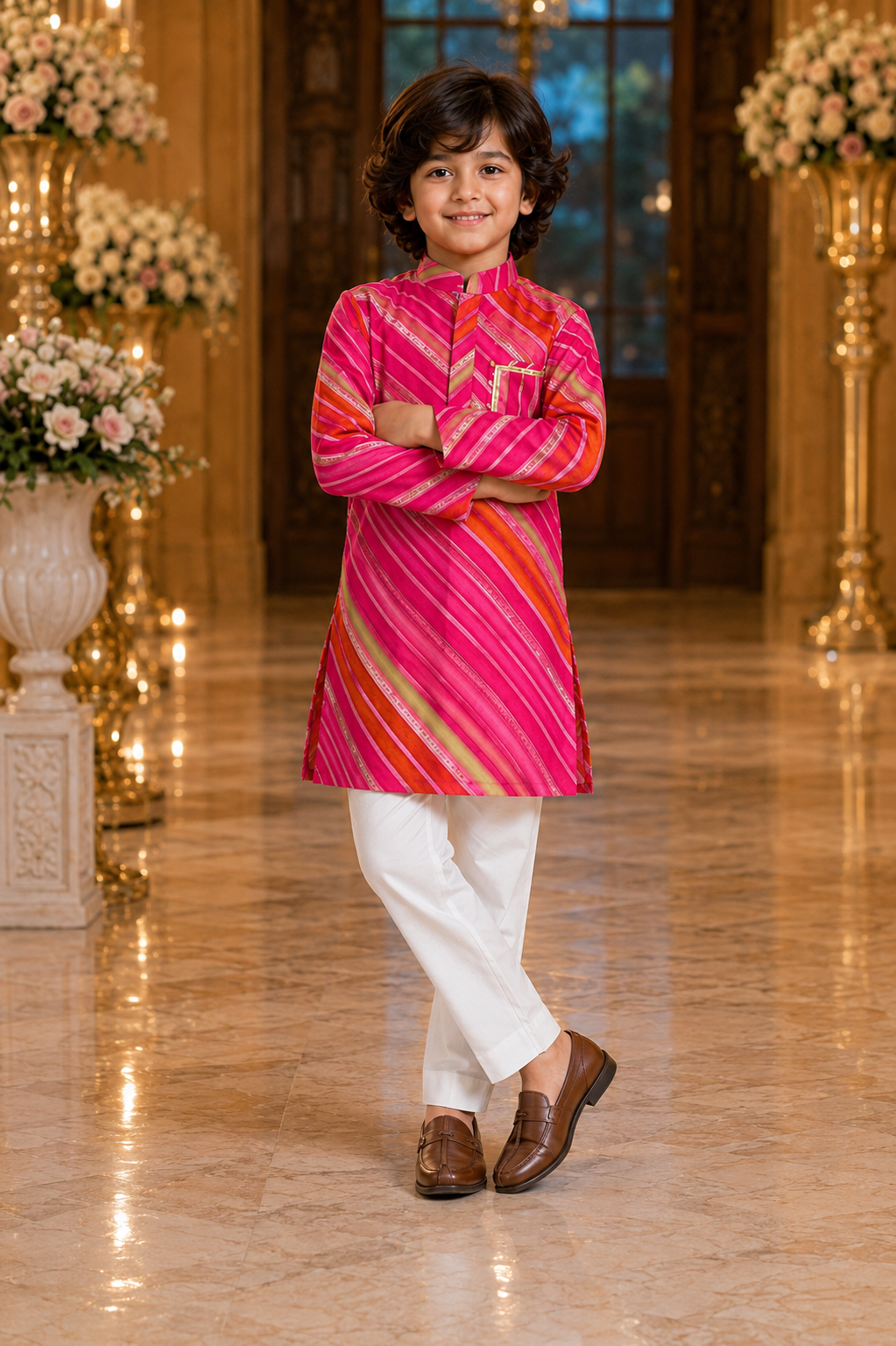 Young boy wearing Pear Bear Royal Leheriya pink cotton kurta set with white pajama styled with coordinated father-son festive ethnic wear for weddings and celebrations.