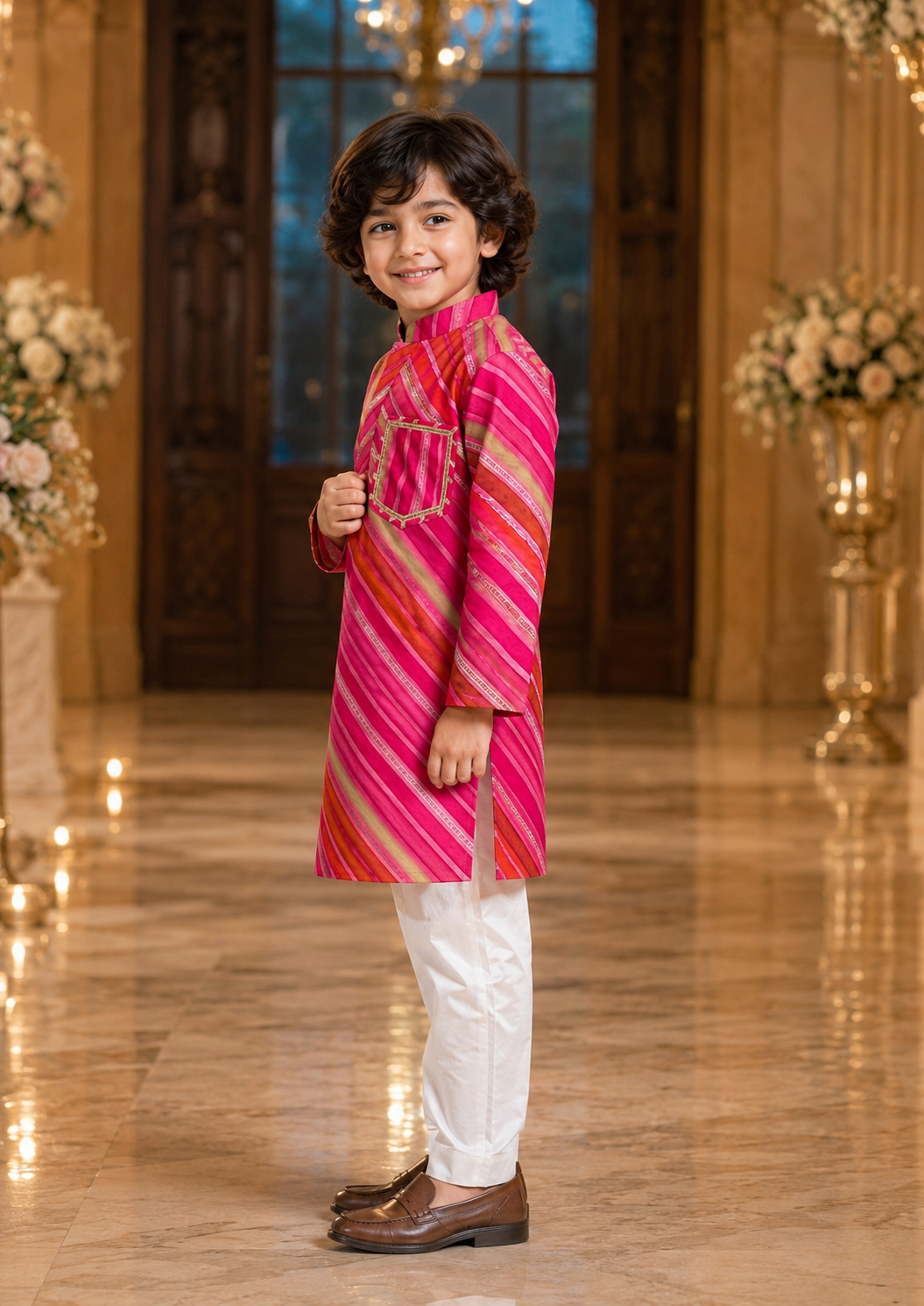 Young boy wearing Pear Bear Royal Leheriya pink cotton kurta set with white pajama styled with coordinated father-son festive ethnic wear for weddings and celebrations SIDE