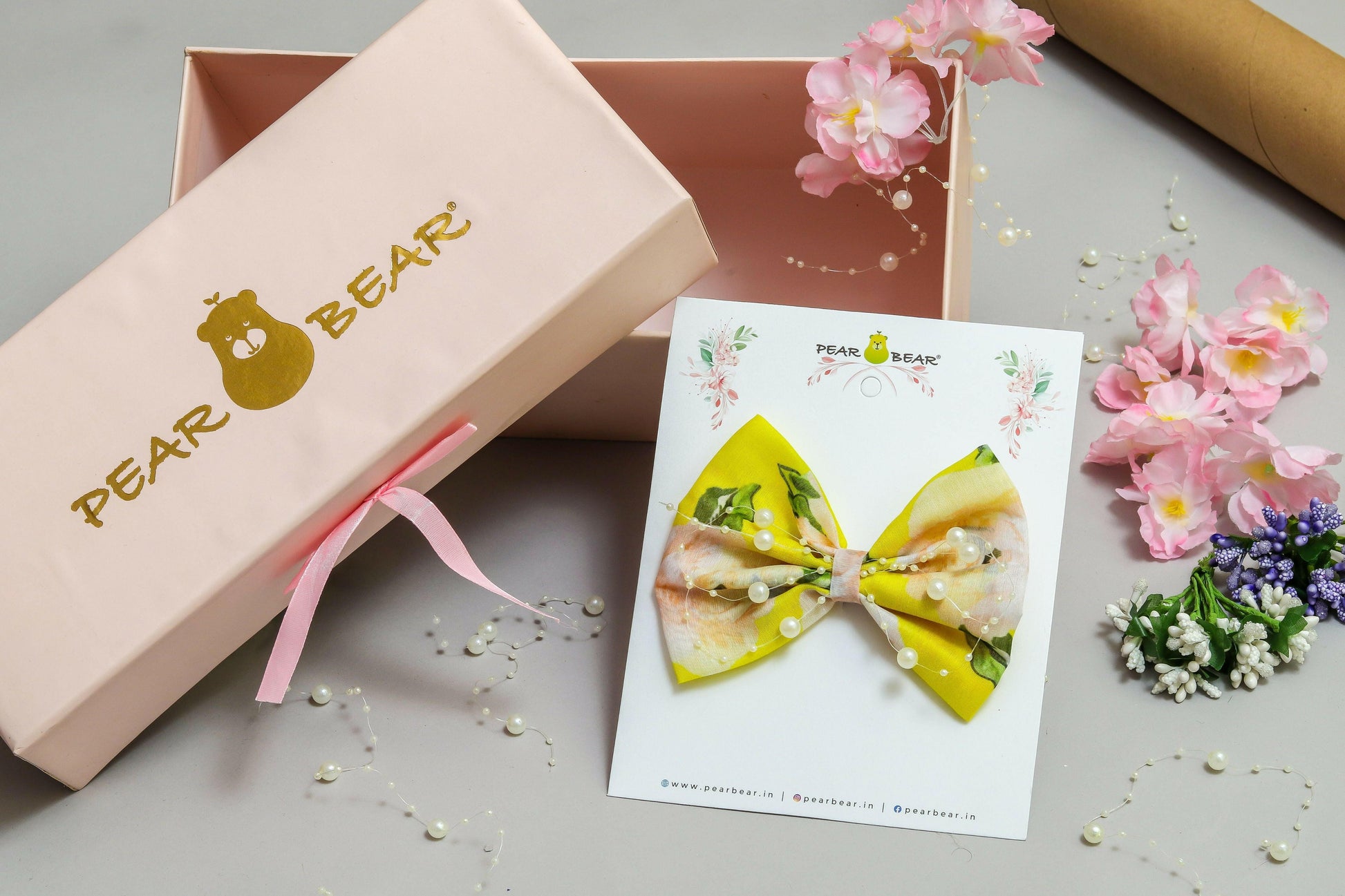 Pear Bear Beautiful flower print bowie with pearl strings.