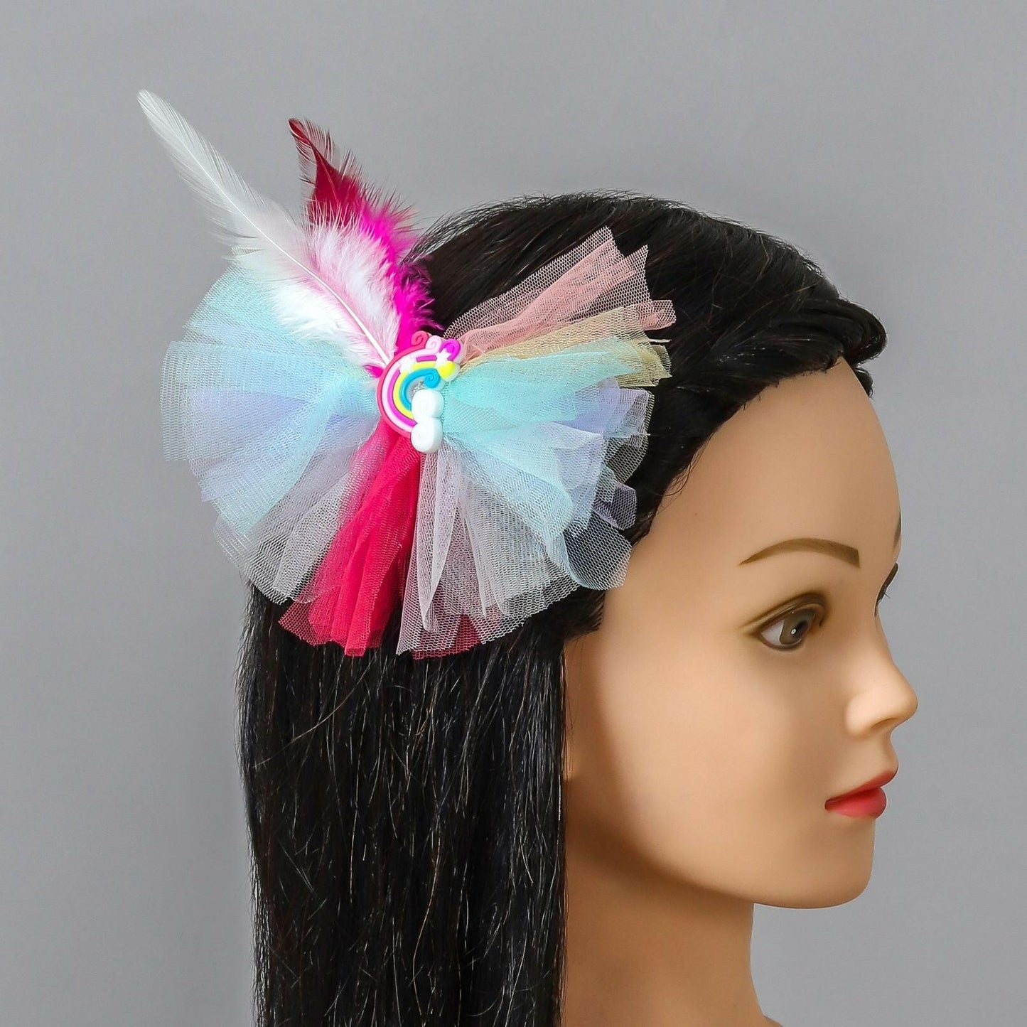 Pear Bear Beautiful rainbow adorned frilly hair clip.