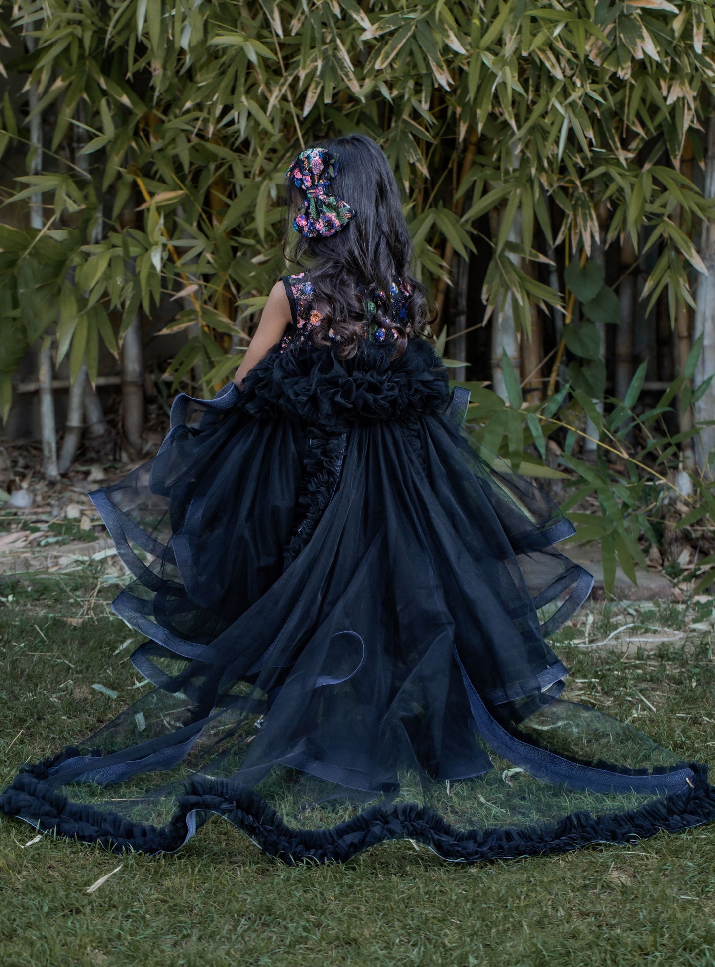 Pear Bear Beautiful Ruffle Net Black Gown with Drape.