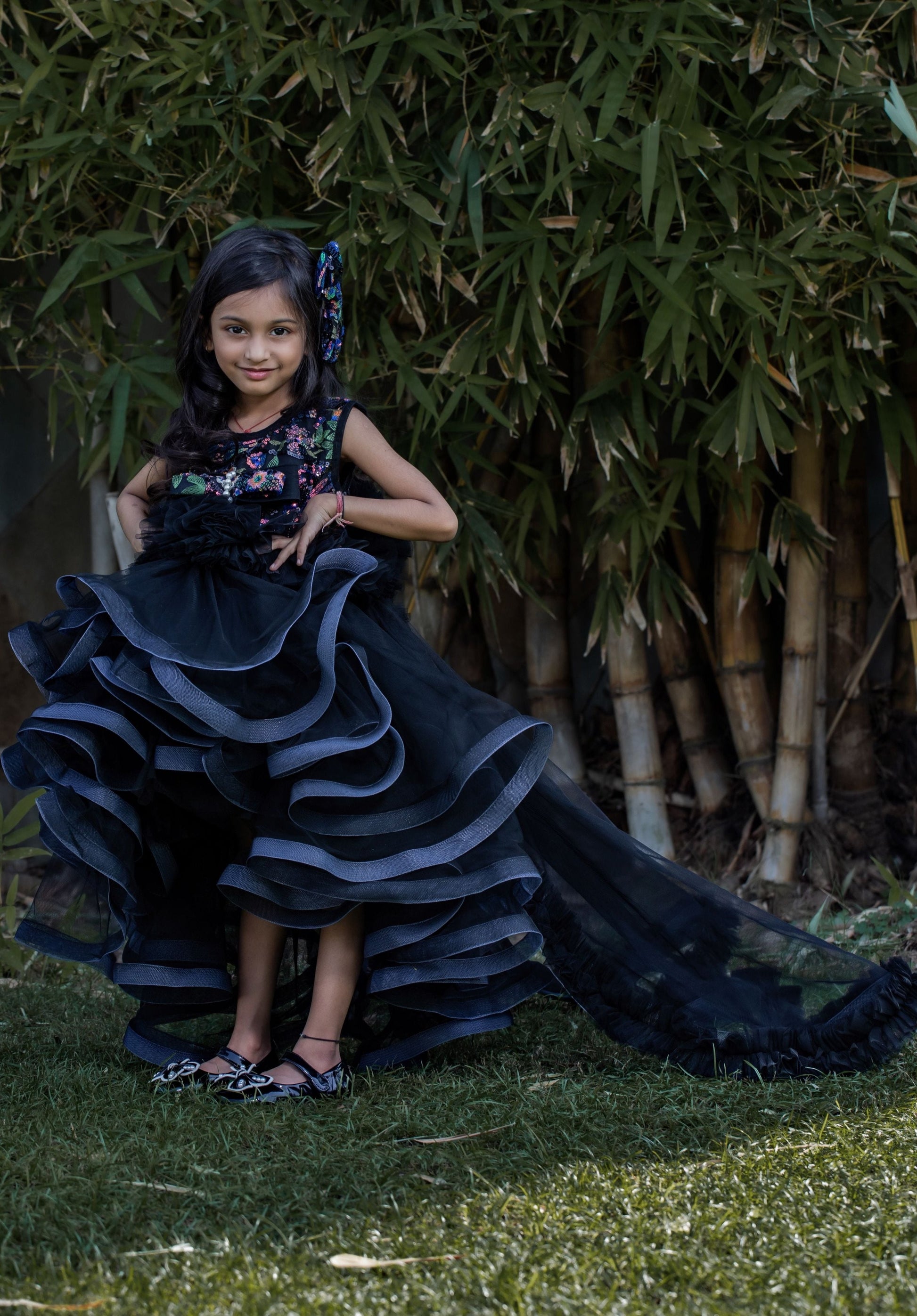 Pear Bear Beautiful Ruffle Net Black Gown with Drape.