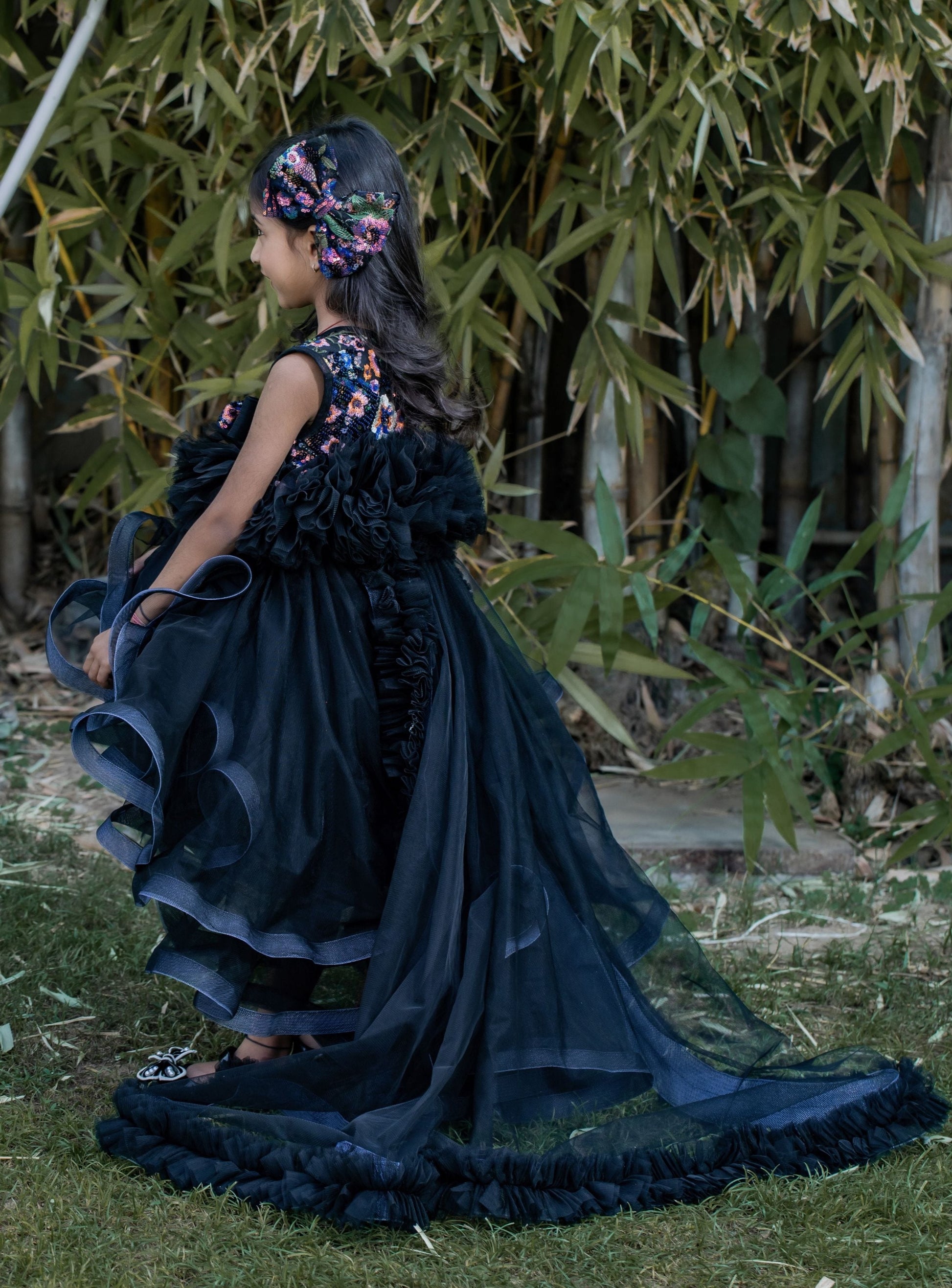 Pear Bear Beautiful Ruffle Net Black Gown with Drape.