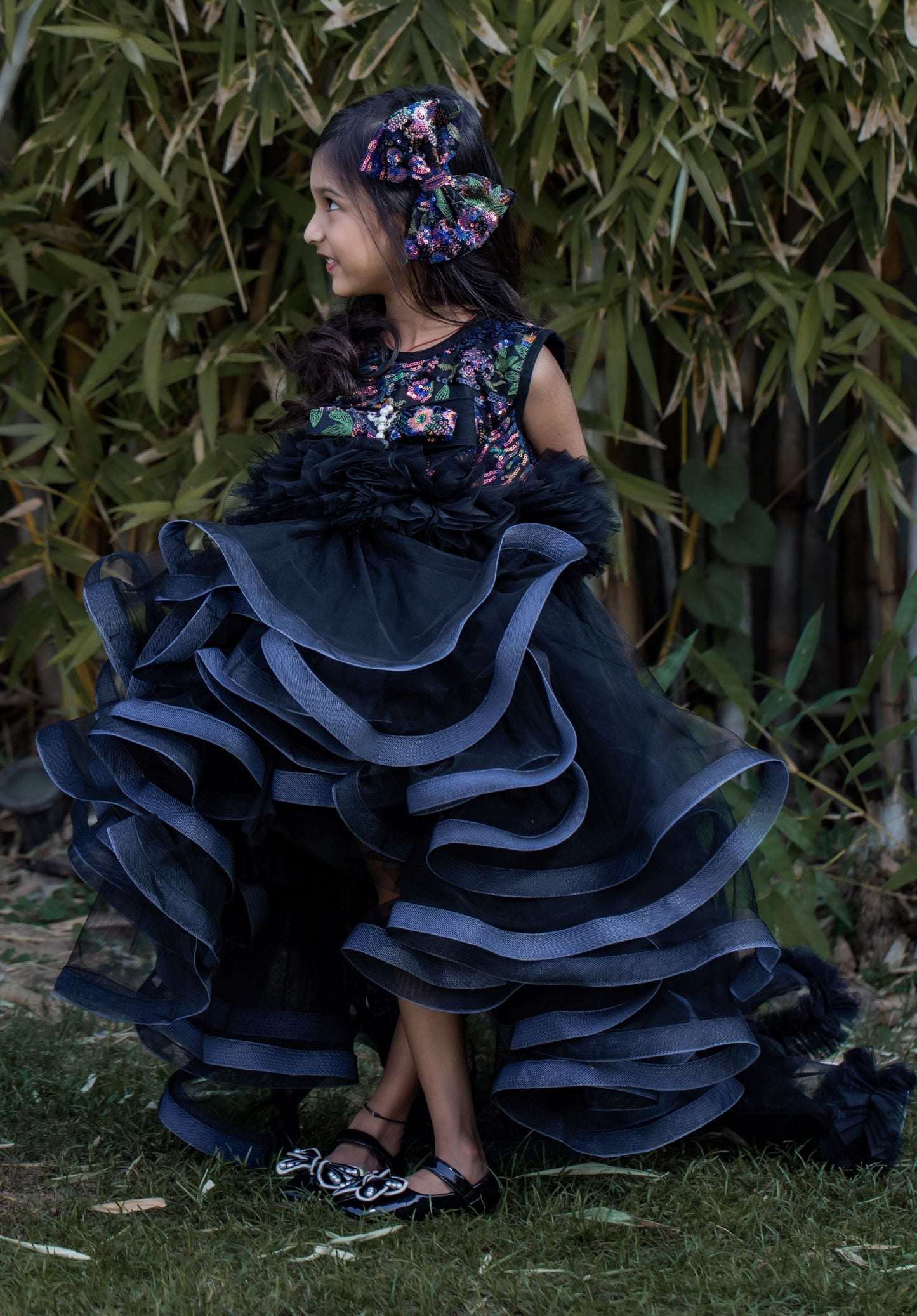 Pear Bear Beautiful Ruffle Net Black Gown with Drape.