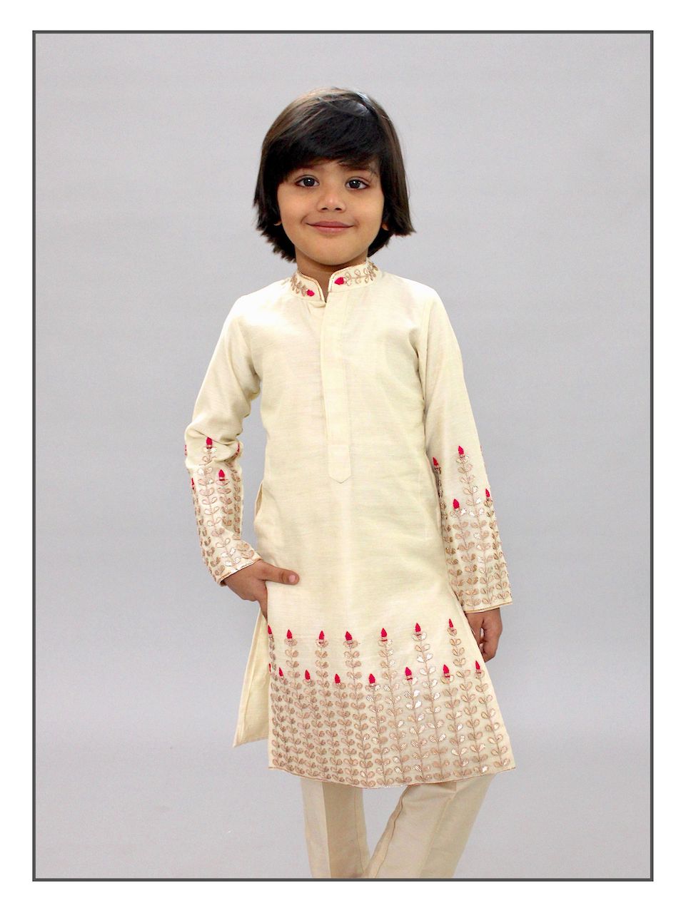 Pear Bear Beige Gota Patti Kurta Set.