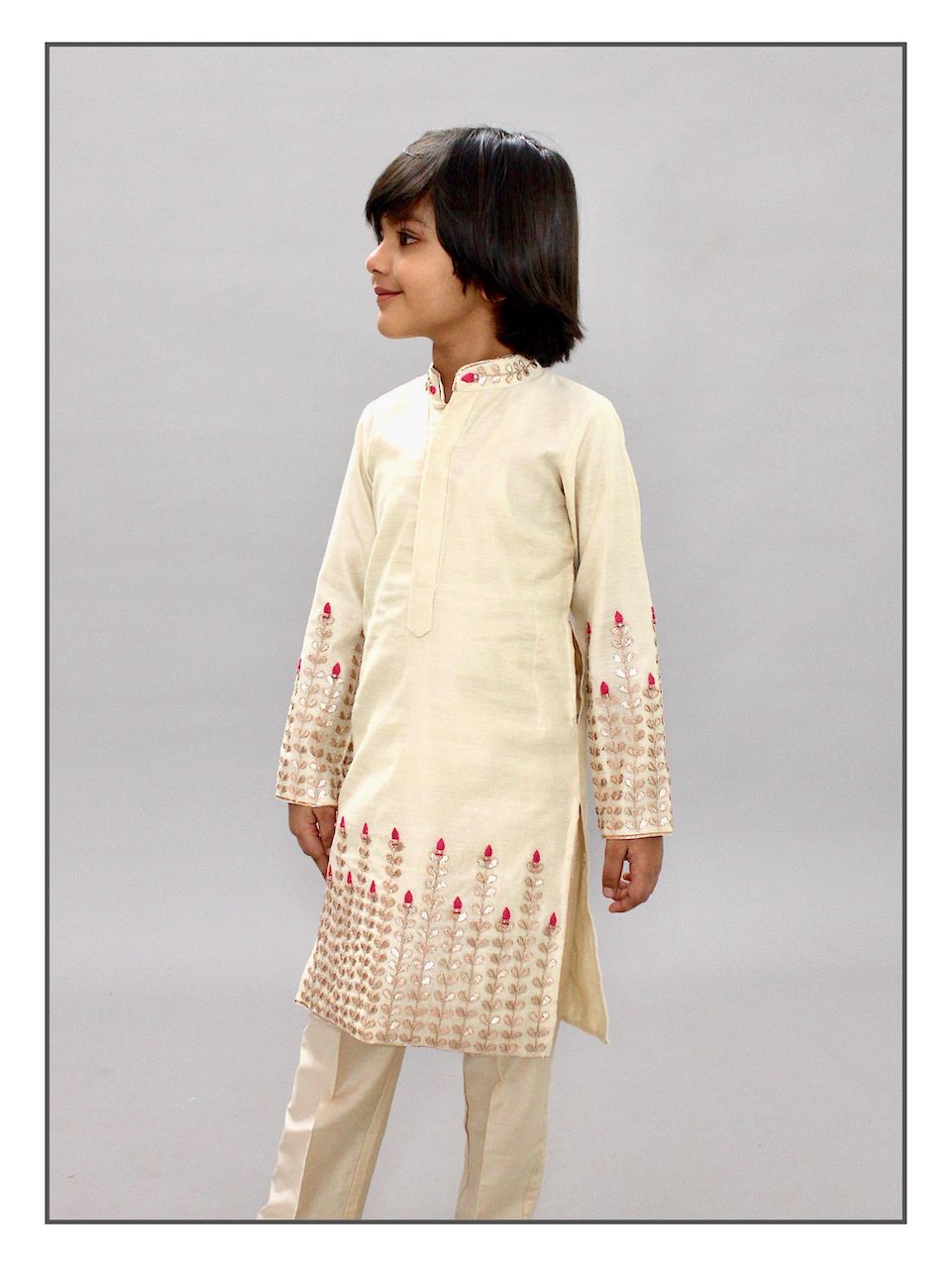 Pear Bear Beige Gota Patti Kurta Set.