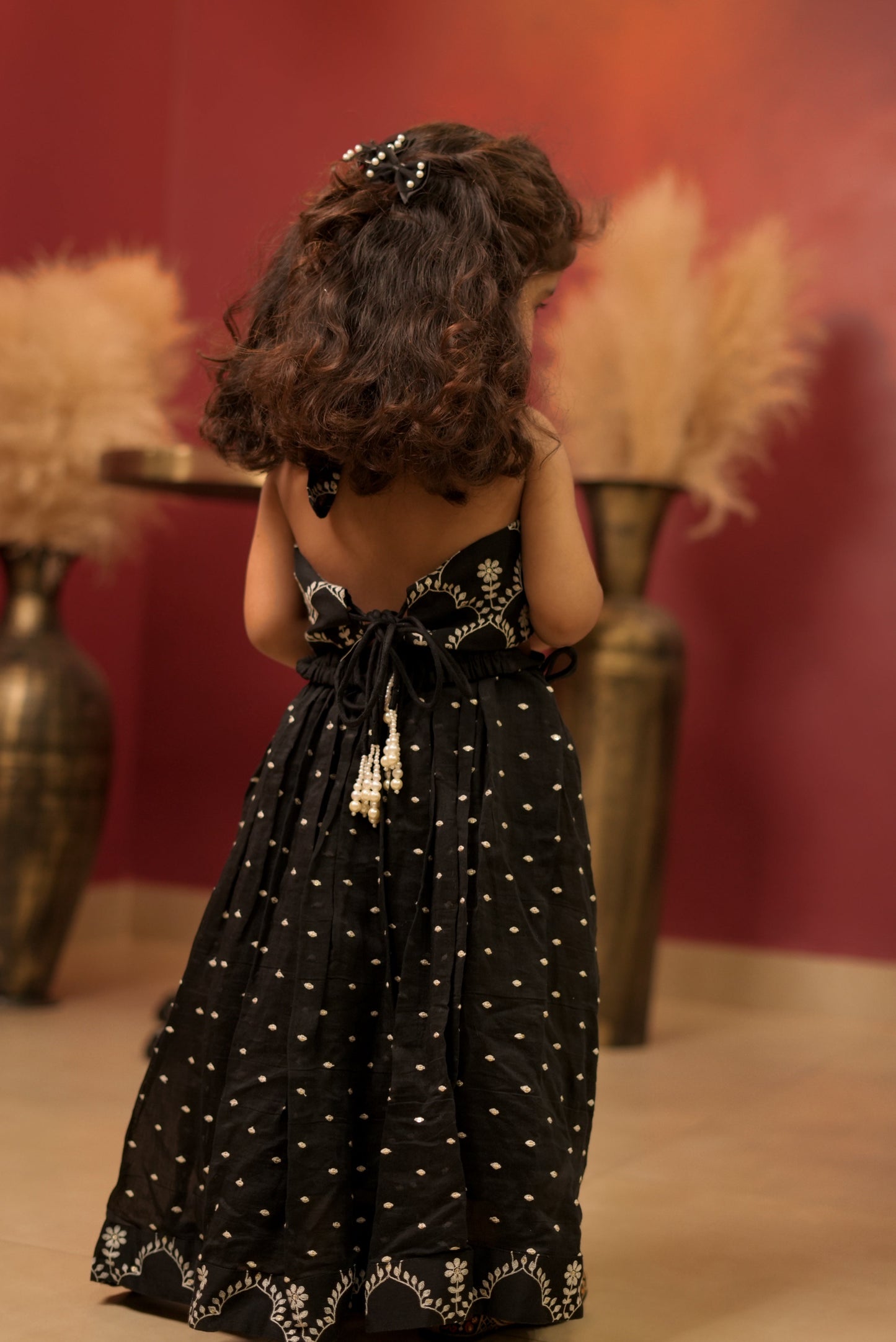 Pear Bear Black Pure Mal Chanderi Halter Neck Top & Lehenga.