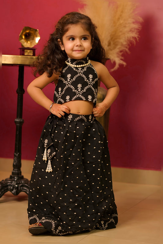 Pear Bear Black Pure Mal Chanderi Halter Neck Top & Lehenga.