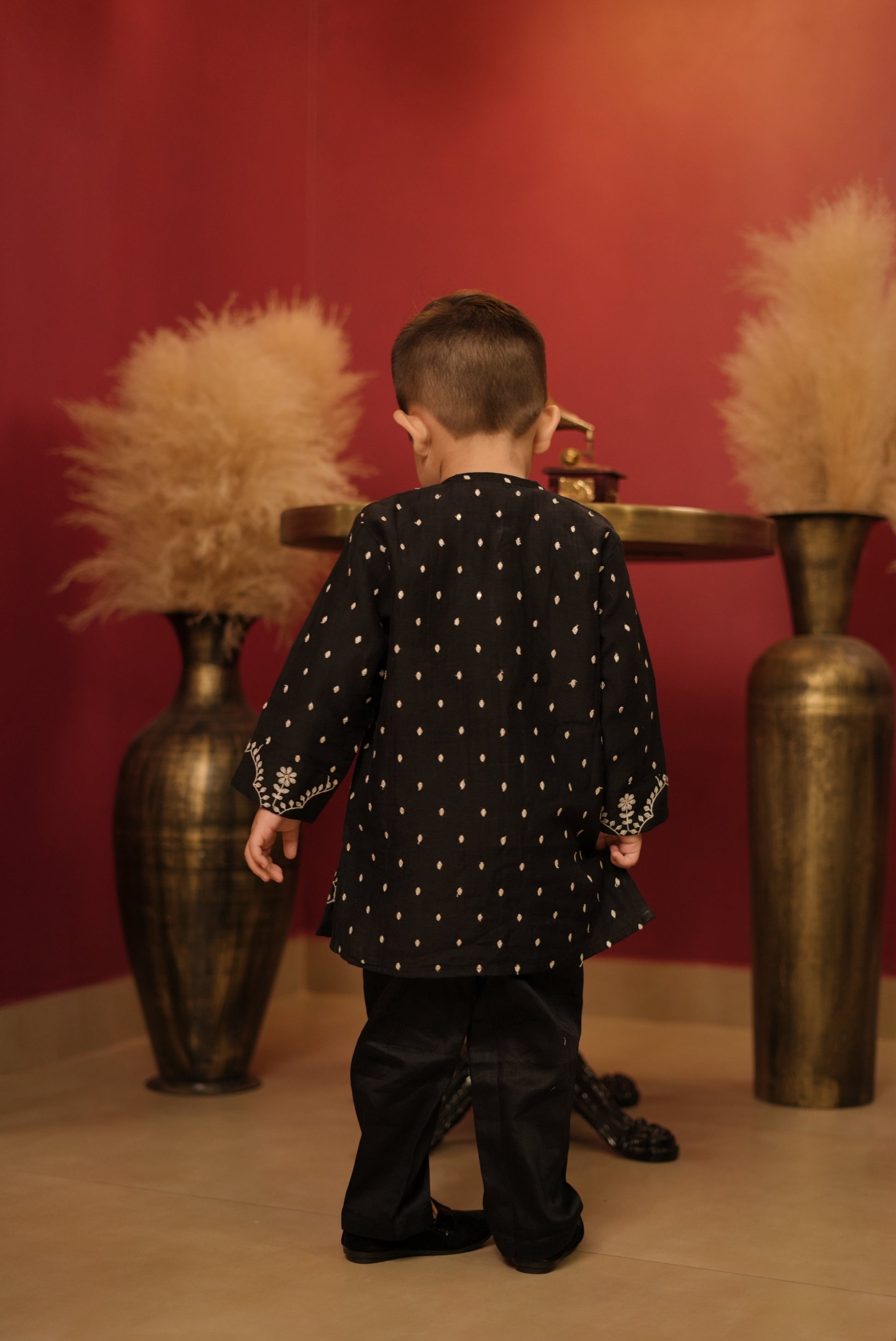 Pear Bear Black Pure Mal Chanderi Kurta Set.