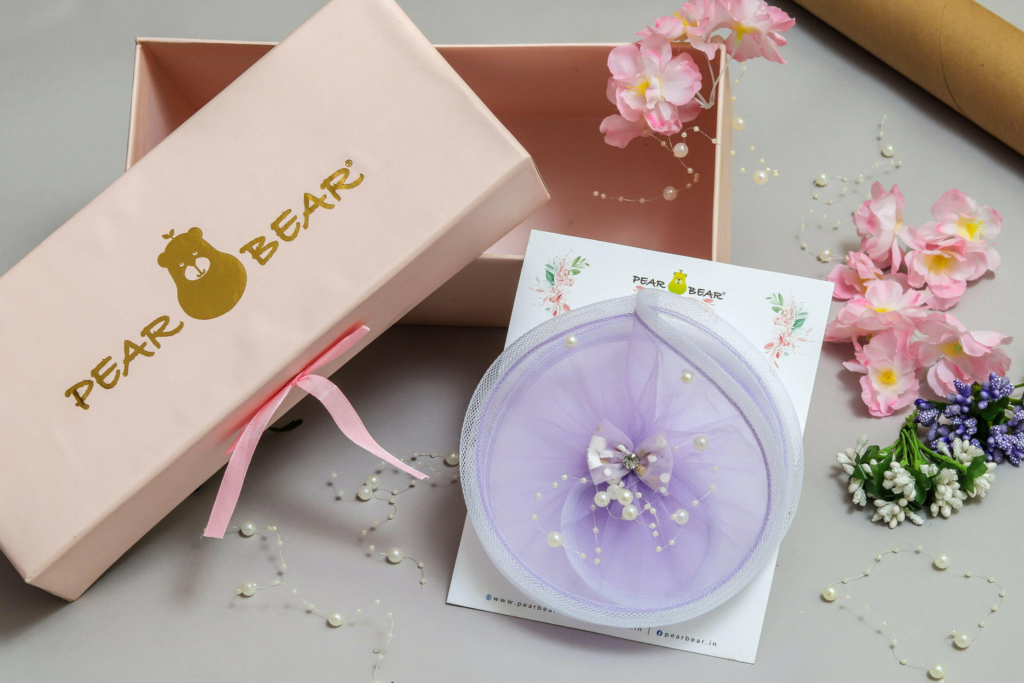 Pear Bear Bow Twisted Lavender Pearl String Hair Clip Fascinator.