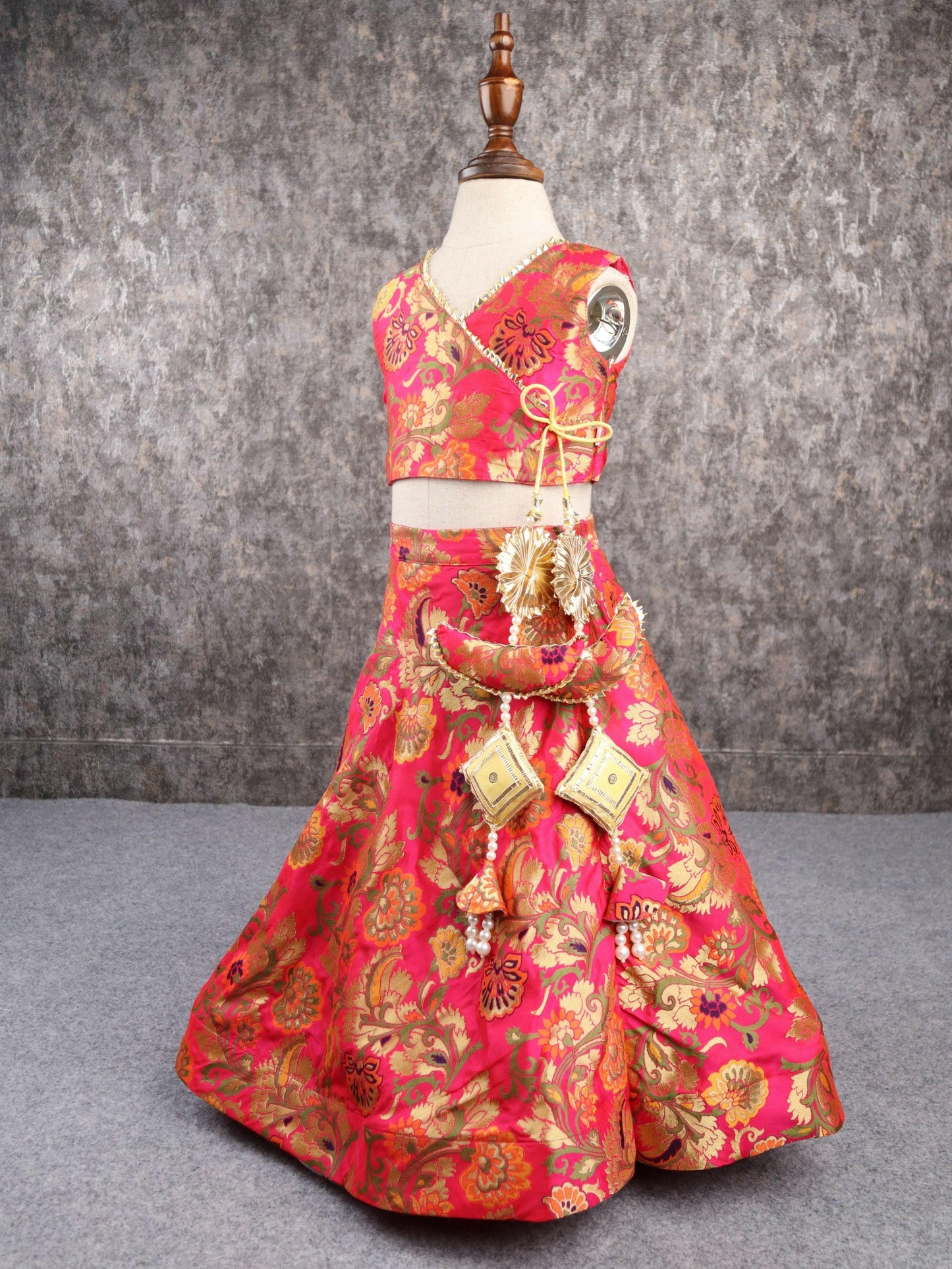 Pear Bear Brocade Red Lehenga.