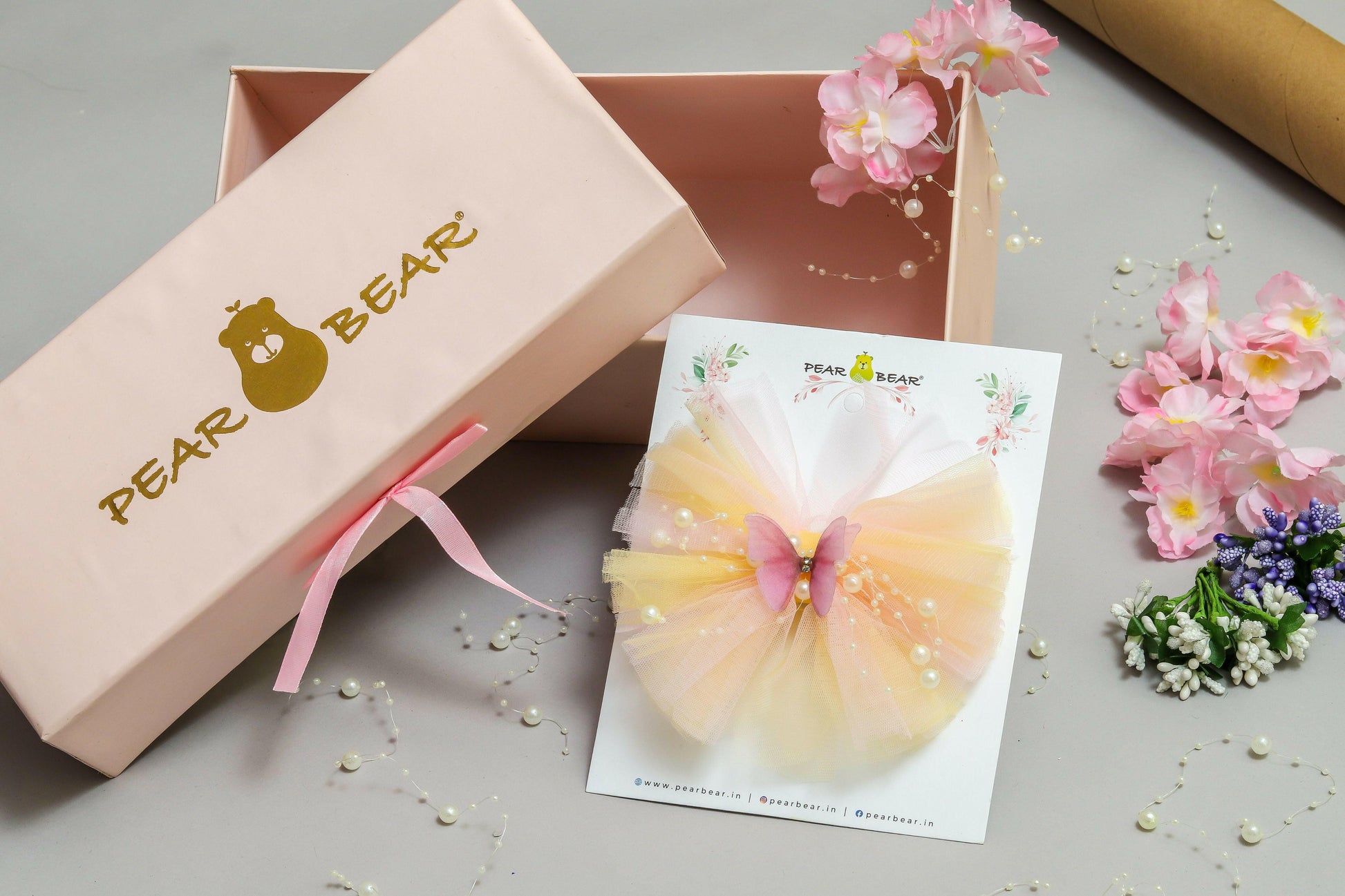 Pear Bear Butterfly Adorned Yellow And Pink Two Tone Frilly Hair Clip.