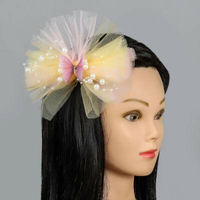 Pear Bear Butterfly Adorned Yellow And Pink Two Tone Frilly Hair Clip.