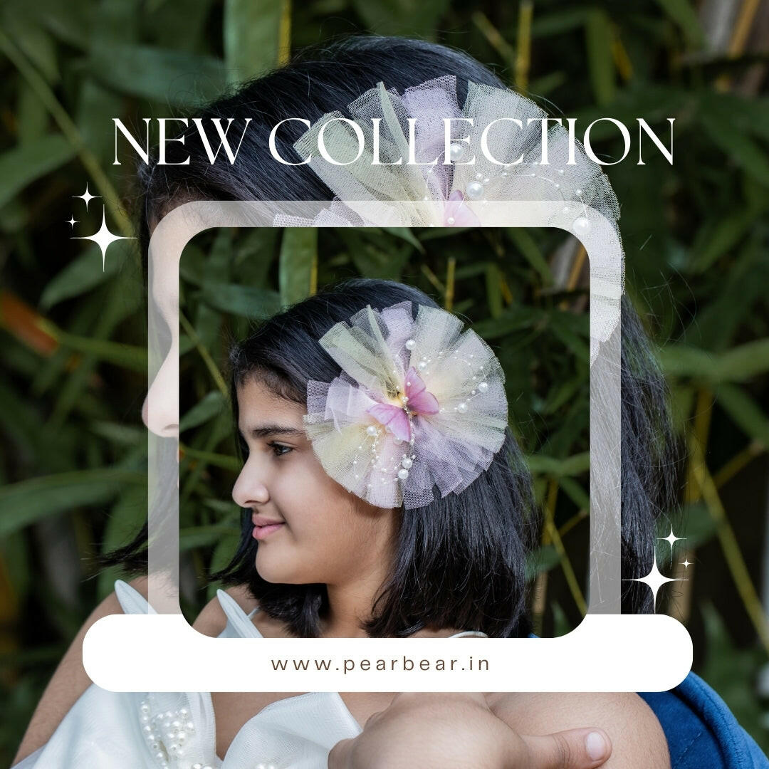 Pear Bear Butterfly Adorned Yellow And Pink Two Tone Frilly Hair Clip.