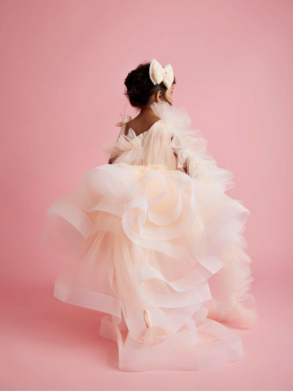 Pear Bear Butterfly and Pearl String Enhanced Ruffle Shaded Peach Dress.