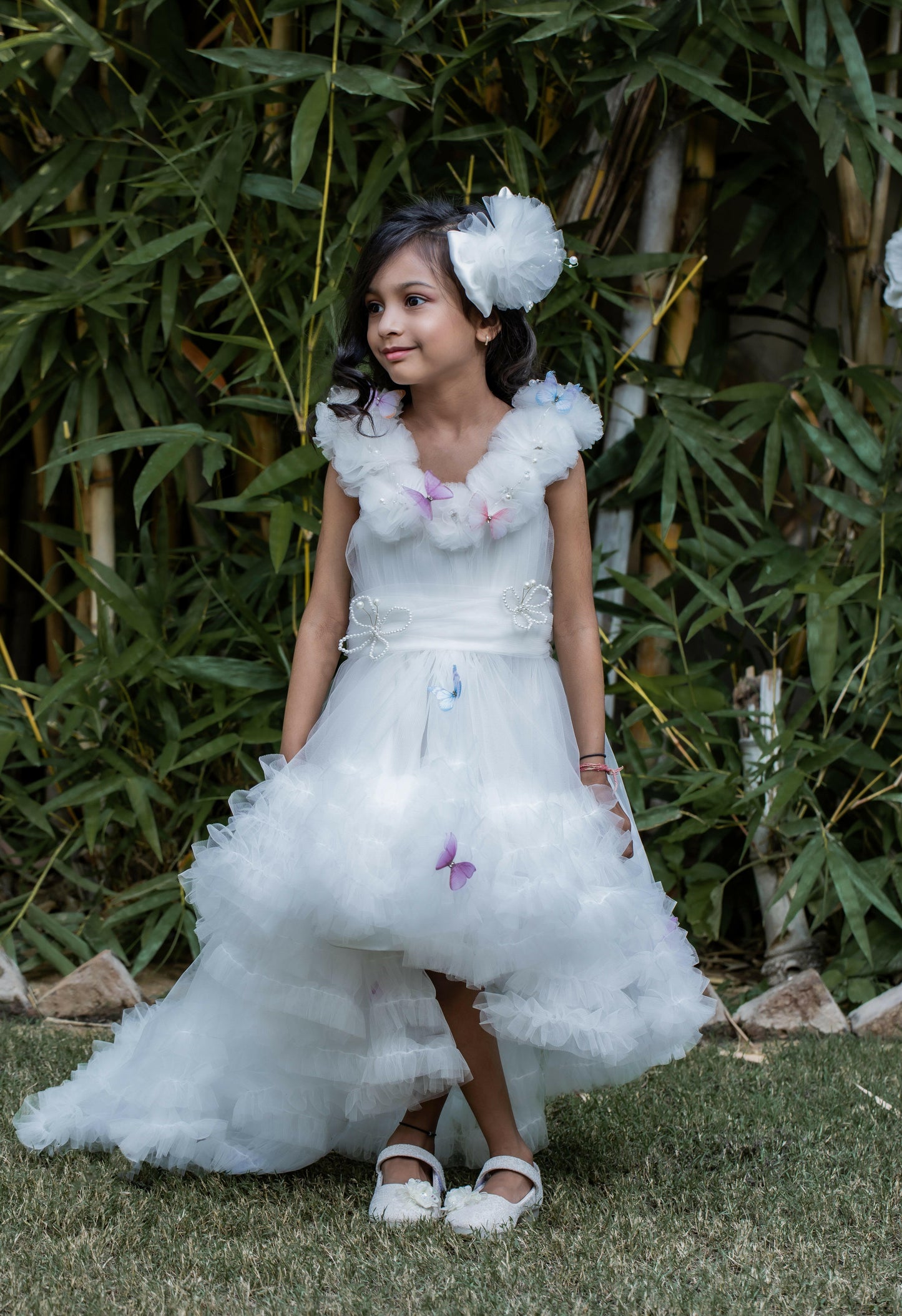 Pear Bear Butterfly Net Off White Trail Dress With Matching Bow Hair Clip.