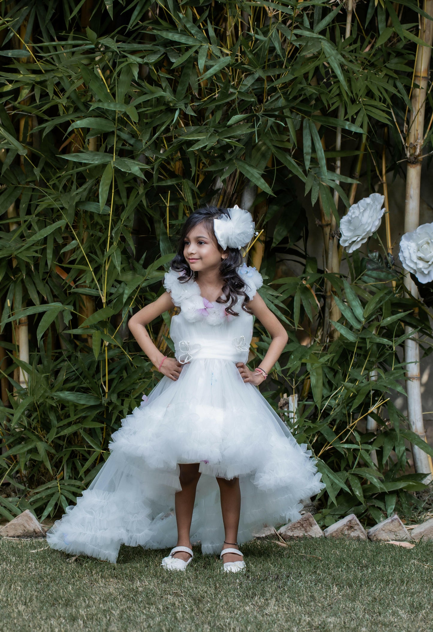 Pear Bear Butterfly Net Off White Trail Dress With Matching Bow Hair Clip.