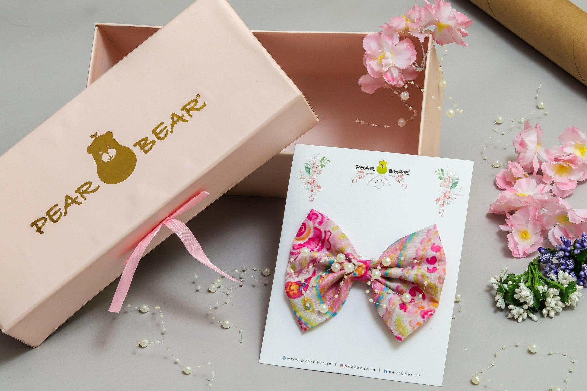 Pear Bear Cute floral print pearly bow.