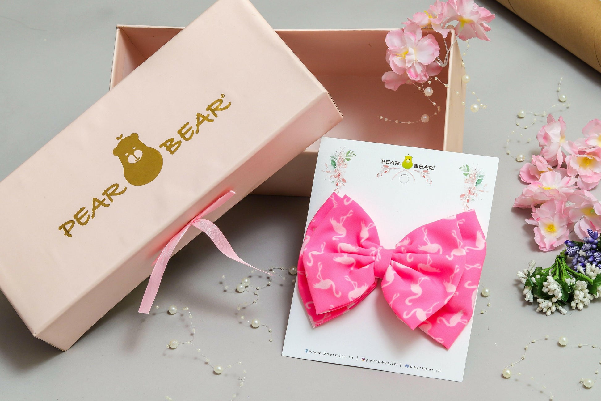 Pear Bear Dual bow with Flamingo bird print bow.