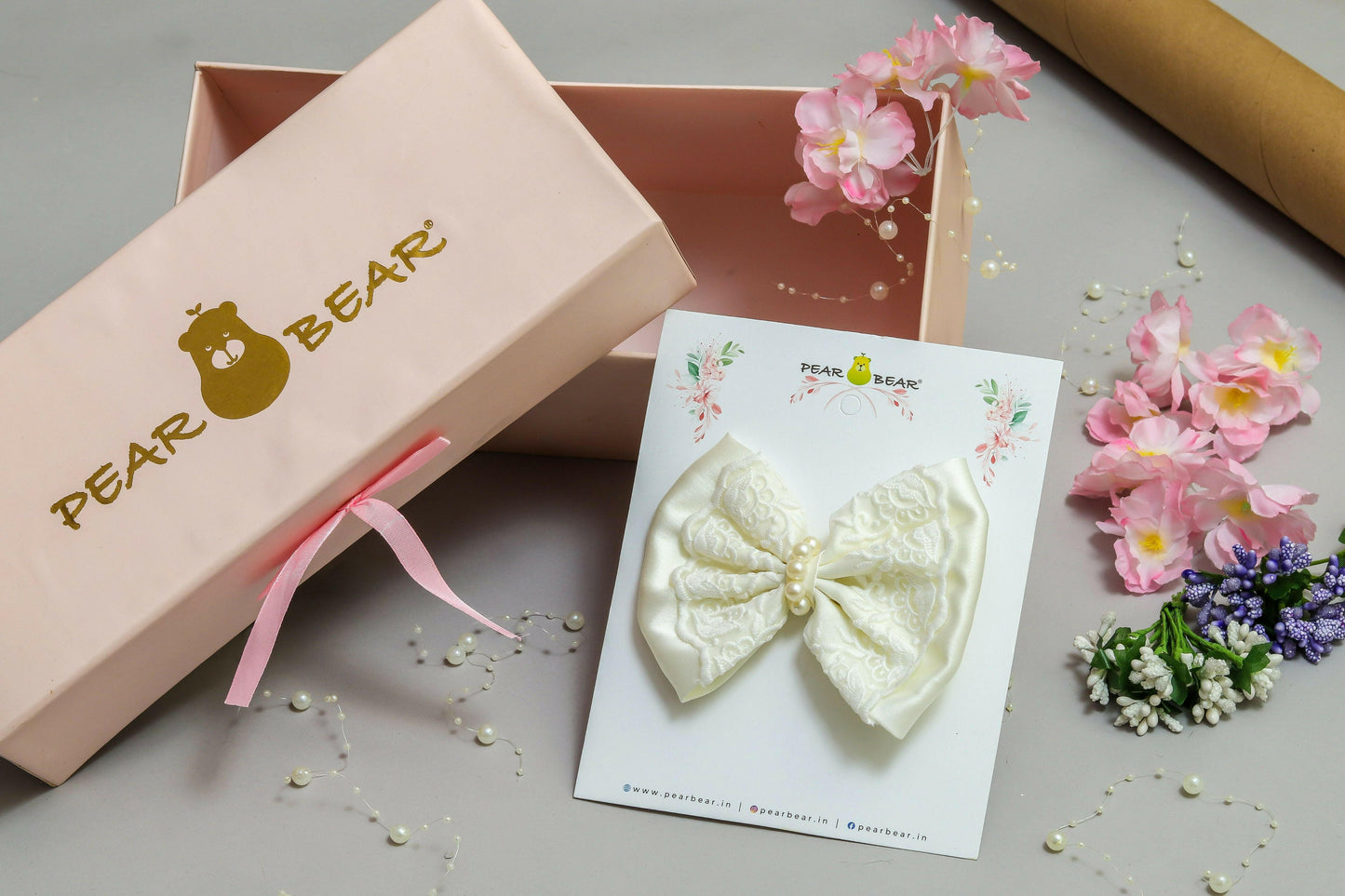 Pear Bear Elegant off white embroidered bow.