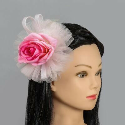 Pear Bear Elegant Pink Rose Flower With Feather Work Hair Clip.