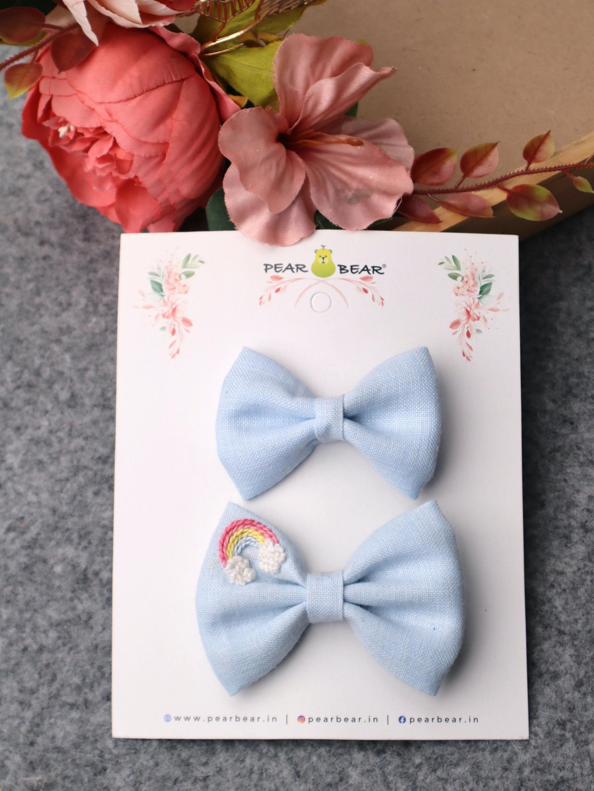 Pear Bear Embroidered Bow Powder Blue.