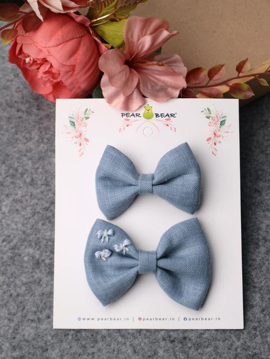 Pear Bear Embroidered Bow Set Grey.