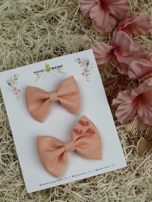 Pear Bear Embroidered Bow Set Peach.