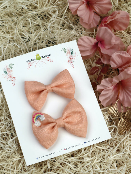 Pear Bear Embroidered Bow Set Peach.