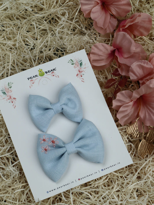 Pear Bear Embroidered Bow Set Powder Blue.