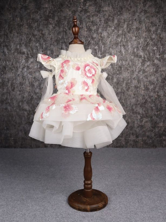 Pear Bear Exquisite Sequined Off White Dress With Back Knot.