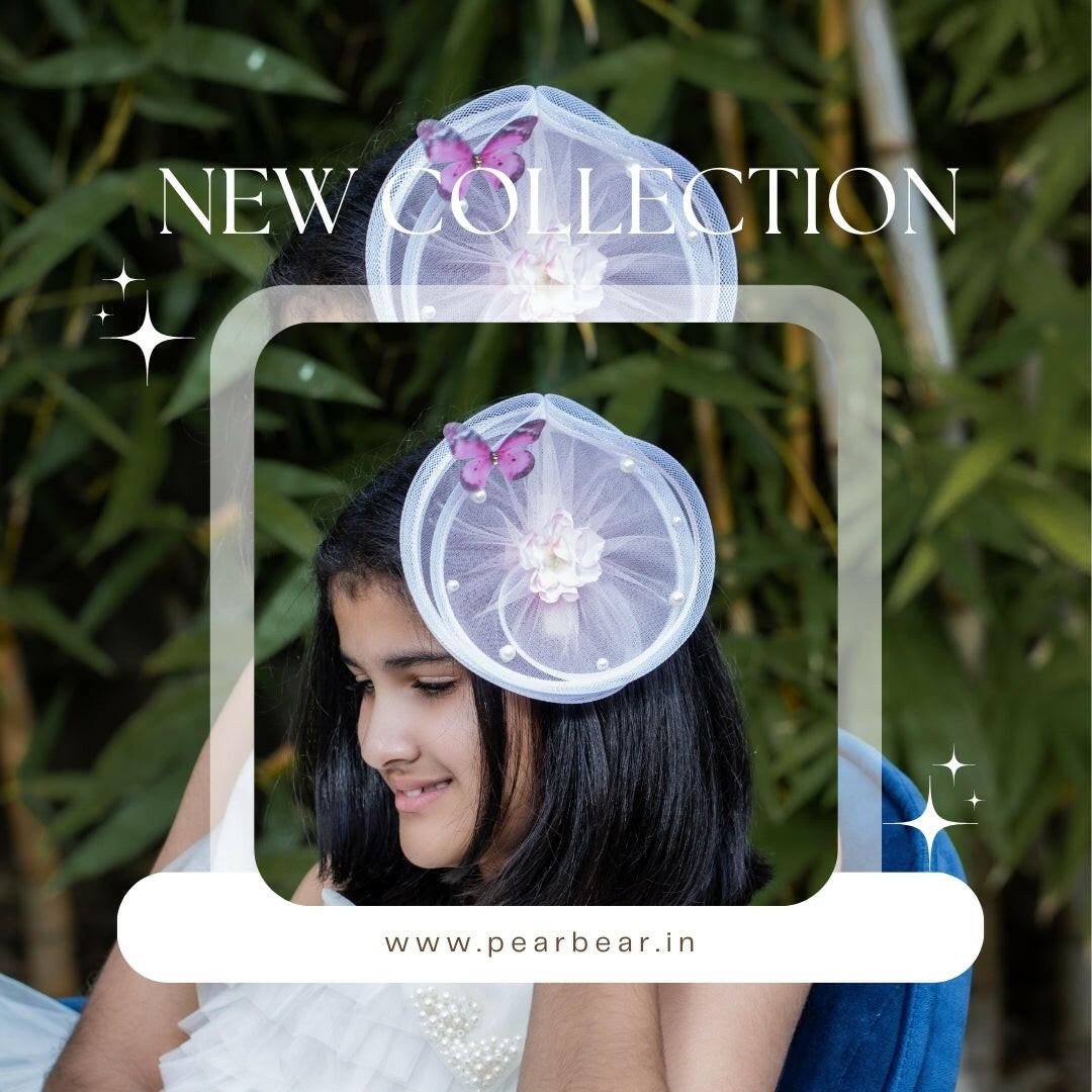 Pear Bear Flower & Butterfly Embellished Twisted Peach Hair Fascinator.