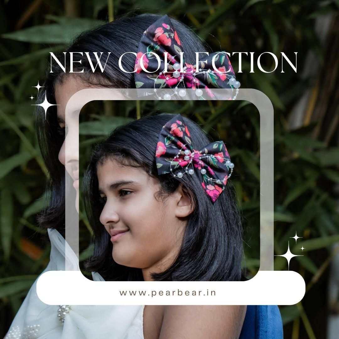 Pear Bear Flowery printed with pearl string bow.