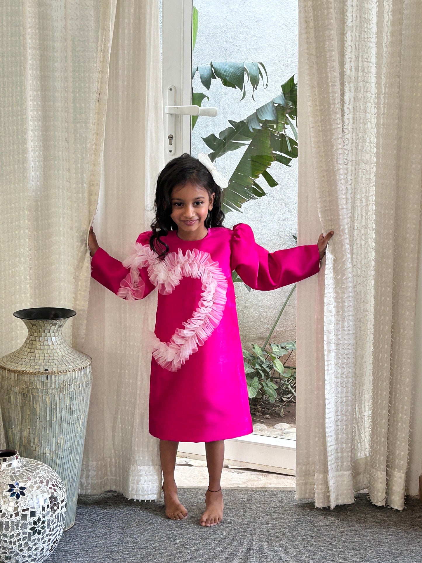 Pear Bear Fuchsia Frilled Heart Dress.