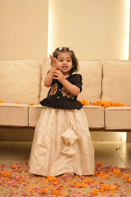 Pear Bear Golden Elephant Embroidered Traditional South Style Black Top with Chanderi Lehenga.