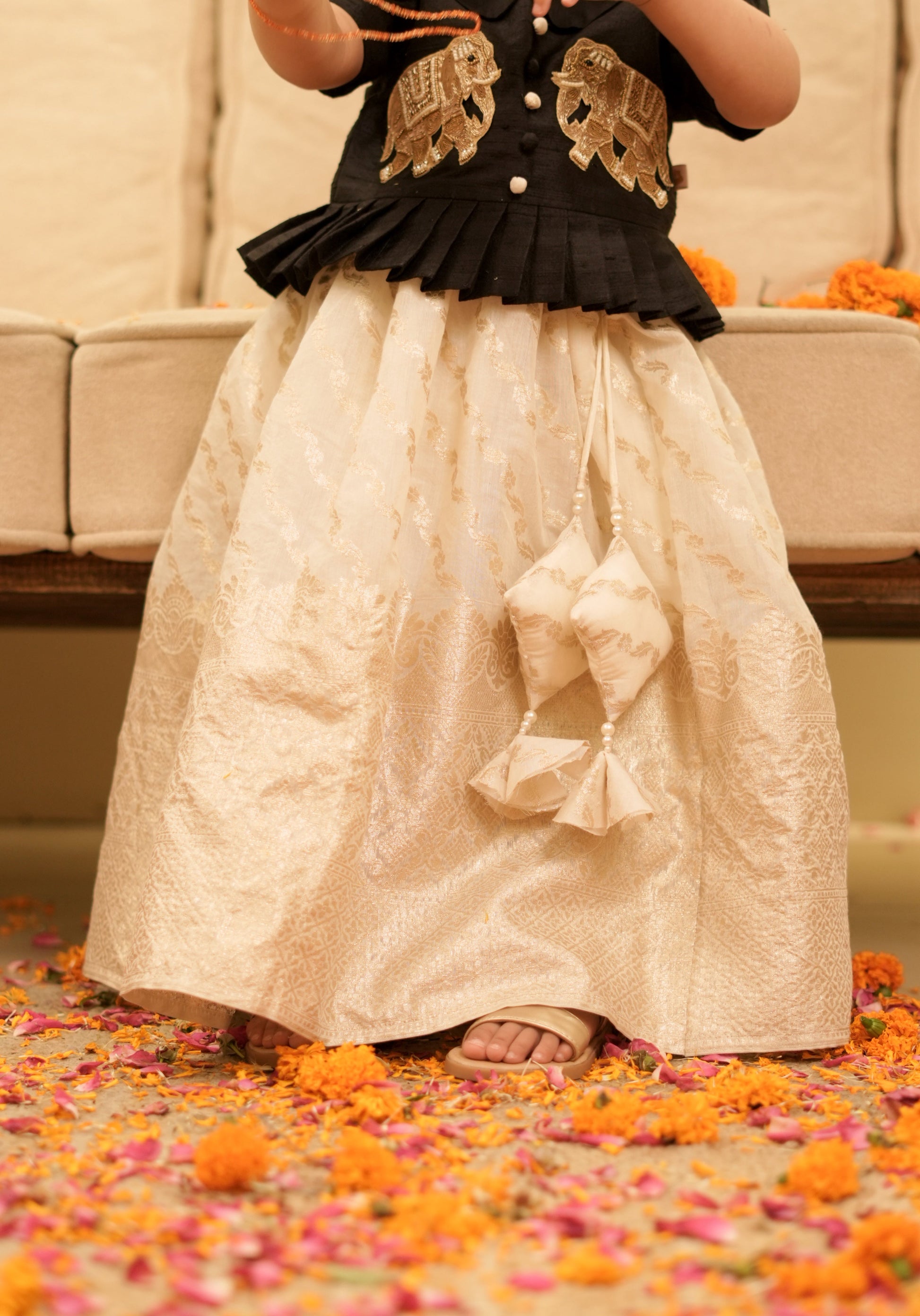 Pear Bear Golden Elephant Embroidered Traditional South Style Black Top with Chanderi Lehenga.