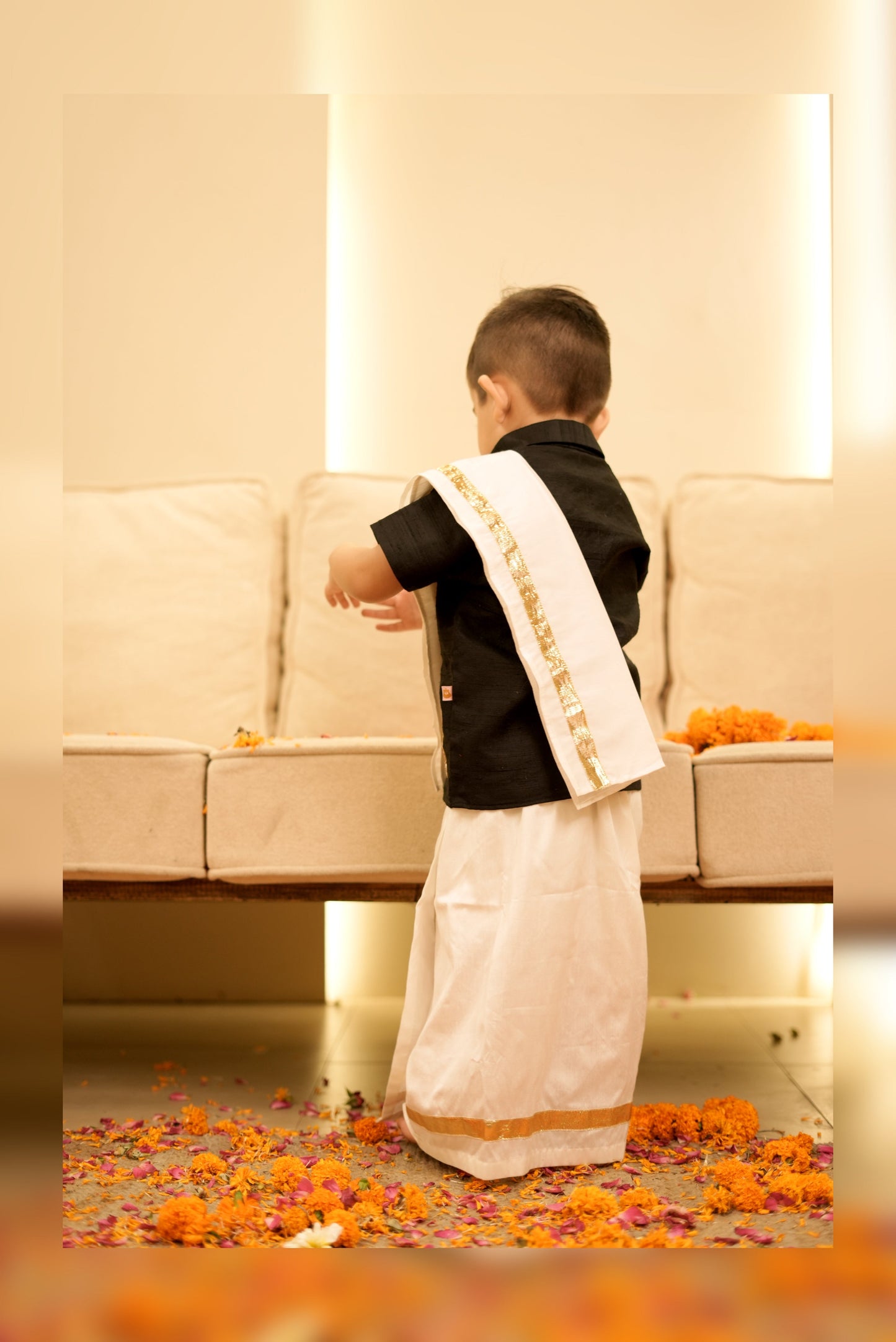 Pear Bear Golden Embroidered Black Shirt with Mundu (Lungi) and Angvastram (Shawl) set.