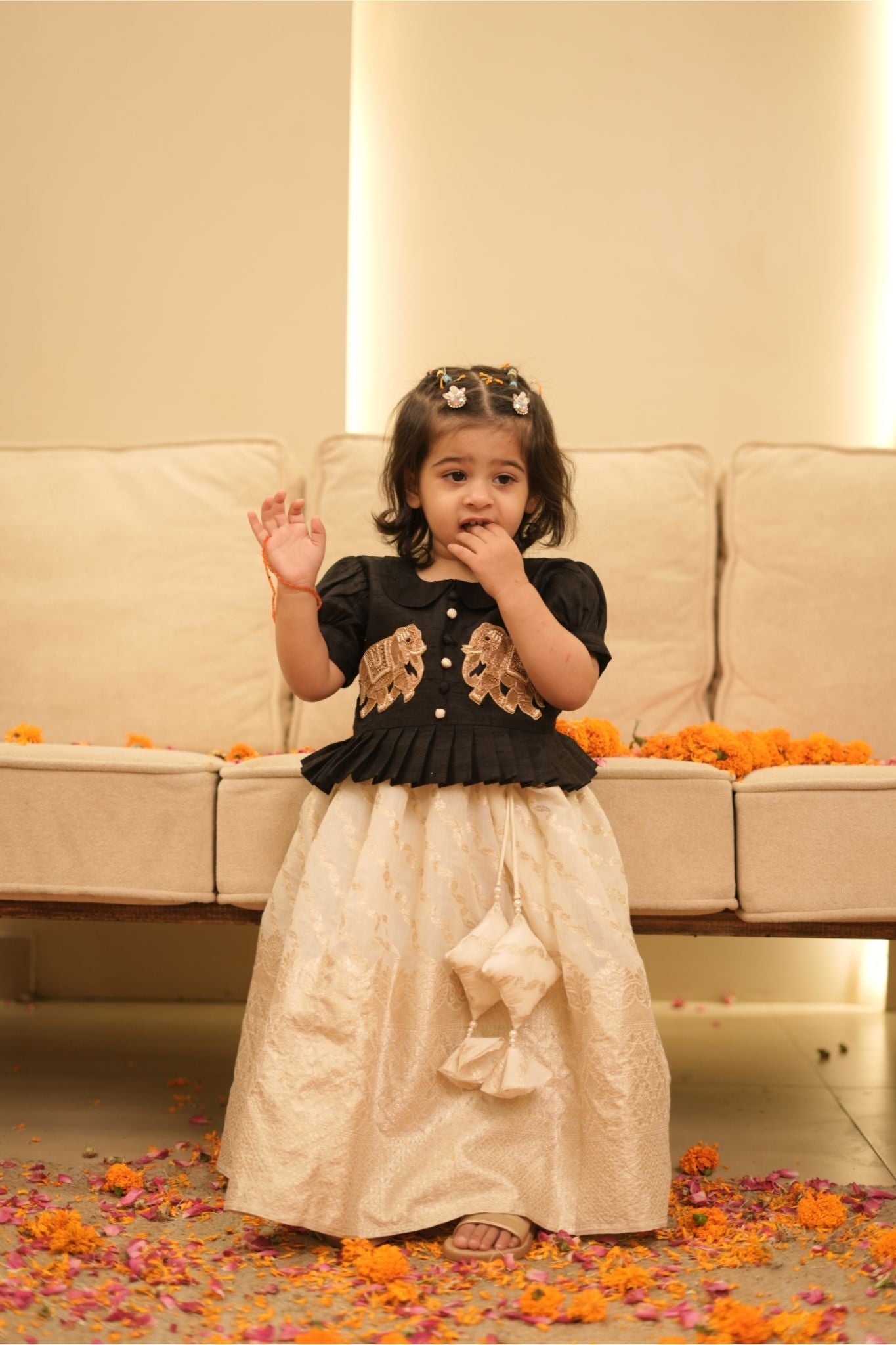 Pear Bear Golden Embroidered Black Shirt with Mundu (Lungi) and Angvastram (Shawl) set.