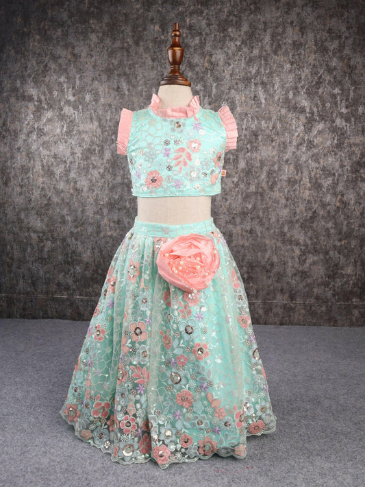 Pear Bear Green Peach Heavy Embroidery Lehenga.