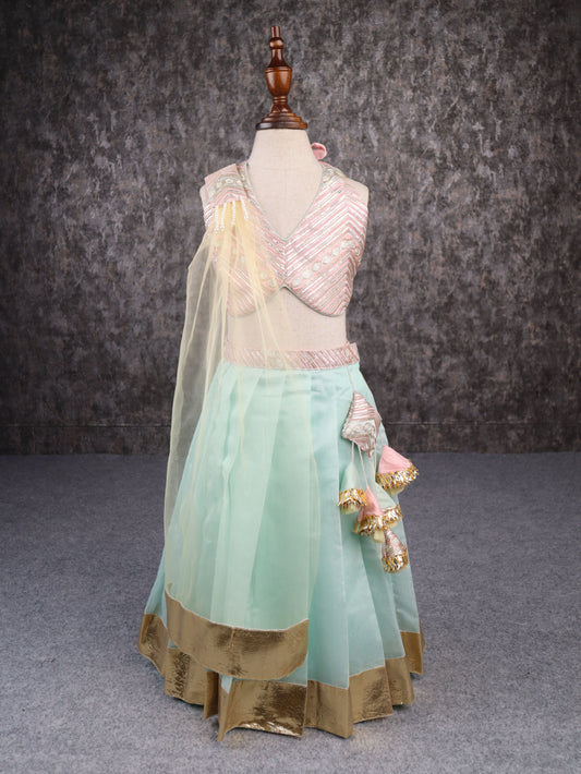 Pear Bear  Halter Neck Stylish  Embroidered Top with Pleated Lehenga and dupatta.