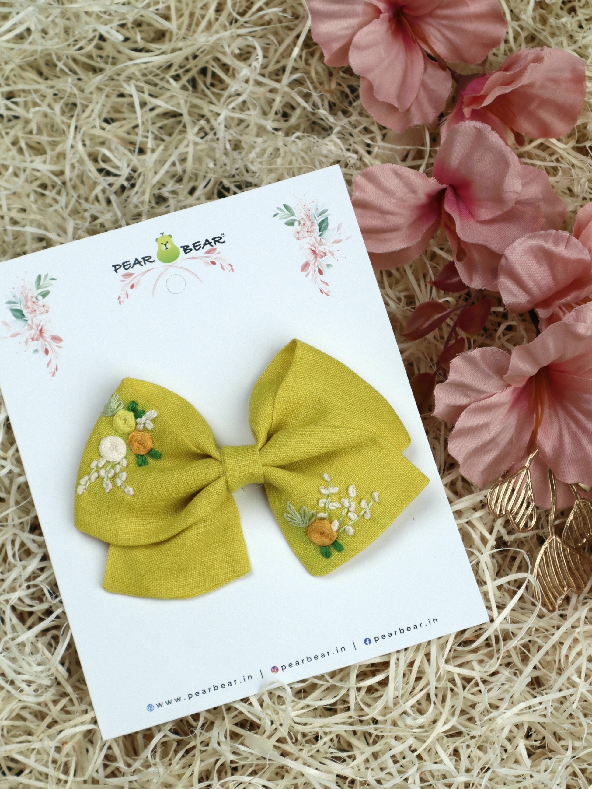 Pear Bear Hand Embroidered Hair Bow Mustard Yellow.